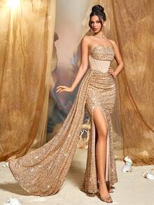 CHOSMO Elegant And Charming Strapless Sequin Slit Maxi Dress, Suitable For Women's Evening Gala And Party Wedding - Champagne - View 10