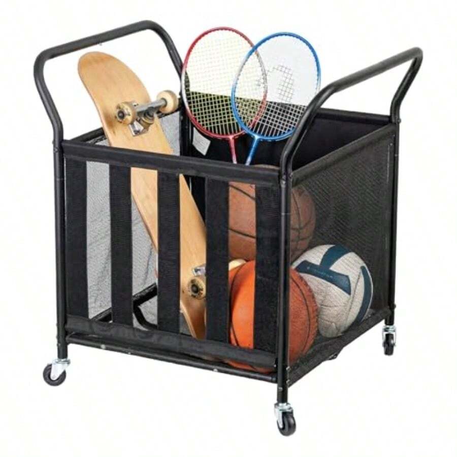 carrito organizadorCarrito rodante de almacenamiento de múltiples pelotas deportivas de tela de malla MyGift con marco de metal  mate y asas en ángulo para baloncesto fútbol equipo de jaula de pelotas para - como en la foto - Ver 1