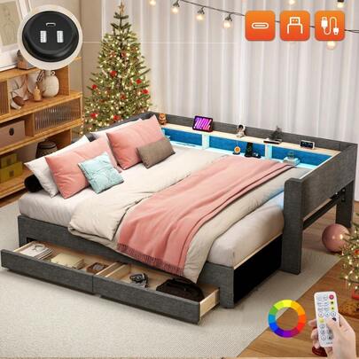 LED Daybed With 2 Drawers & Storage Compartments & Charging Station, 3FT Single Functional Upholstered Bed 90x190 Cm, Guest Bed Sofa Beds Youth Beds For Adults & Teenagers, Linen, Grey, No Mattress