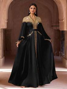 Elegant Lime Green Embroidered Formal Long Robe, Decorated With Beaded Corset And Bell Sleeves, Arabic Long Robe, Suitable For Women, Party Robe, Muslim Evening Robe, Formal Robe, Modest And Decent Style - Black - View 5