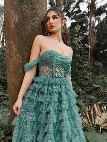 Faeriesty Elegant Layered Ruffle Mesh Overlay Pleated Formal Evening Gown - Dark Green - View 1