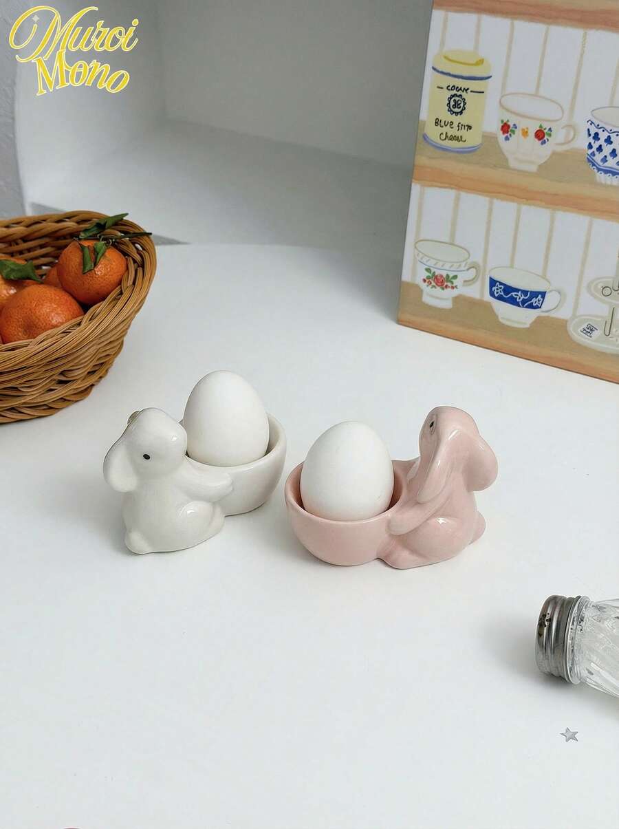 1pc European Style Creative Ceramic Rabbit Egg Cup, Small And Fresh Minimalist Decoration For Breakfast Table, Living Room, Kitchen, Gift, Egg Stand, Serving Tool Christmas Gift