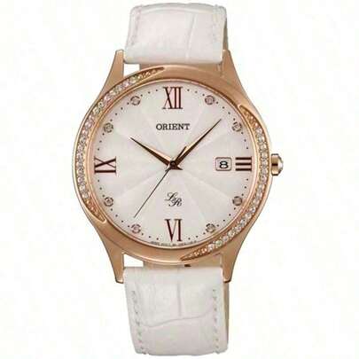 Orient Luxury Rose Gold Crystal Edged Women's Watch, Elegant White Leather Strap, With Date And Roman Numerals