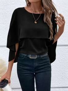 Woman Layered Batwing Sleeve Blouse – Casual Chic Loose Top - Black - View 2