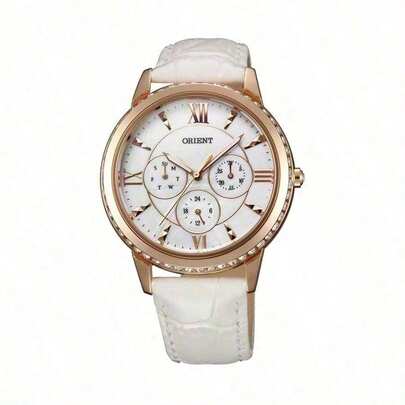Orient Luxury Rose Gold Crystal Edged Women's Watch, Elegant White Leather Strap Multi-Function Wristwatch With Date Display