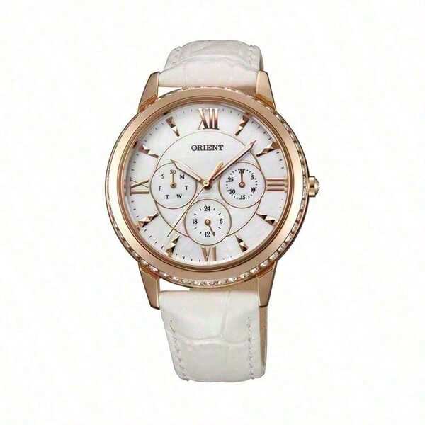 Orient Luxury Rose Gold Crystal Edged Women's Watch, Elegant White Leather Strap Multi-Function Wristwatch With Date Display