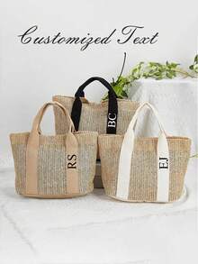 Personalized Retro Woven Tote Bag, Multifunctional Shoulder Woven Bag For Commuting. Waterproof Shopping Bag, Storage Bag And Travel Bag, Made Of Linen Material. Customizable Name Tote Bag Gift, Suitable For Weddings, Birthdays, Beaches And Holidays, Perfect For Bridesmaids, Students And Beach Outings! - Multicolor - View 2