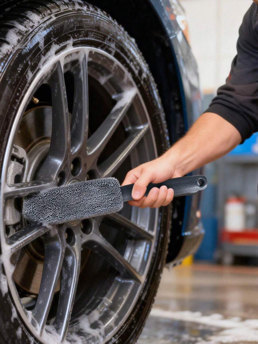 符合人体工学的汽车轮毂刷 - 轻便涤纶轮毂清洁工具，高效汽车细节保养，轮胎护理配件，洗车设备，汽车轮毂刷，汽车轮毂和轮胎清洁刷，除尘刷，多功能汽车清洁刷，适用于排气管、汽车发动机、摩托车、自行车，汽车保养，汽车维修，清洁用品，清洁工具 - 灰色 - 查看 1