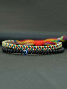 2件套编织绳手链 邪眼吊坠手链 波西米亚风石珠手链配饰首饰 - 彩色 - 查看 5