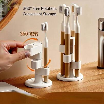 Bathroom Countertop Toothbrush Holder & Makeup Brush Organizer, Rotatable No-Drill Storage Rack For Home Use