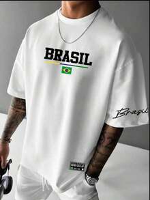 Men's Streetwear T-Shirt With Brazil Print, Cotton - trắng - Xem 2