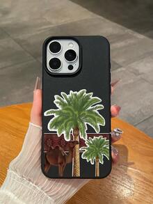 Eid Mubarak Phone Case, Camel & Date Palm Tree Pattern, Black Matte Faux Leather Texture TPU Anti-Slip Anti-Fingerprint, Arabian Desert Oasis Aesthetic Phone Case Compatible With Apple & - Black - View 2