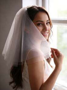 1pc Short Double-Layer Bridal Veil, Simple Chiffon Suitable For Wedding Registration, Daily Photo Shoot, Wedding Headpiece - Cool White - View 4