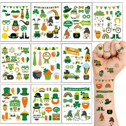 Large 10 Sheets St. Patrick's Day Body Temporary Tattoos, Green Shamrock Hat Lucky Green Balloon Flag Pattern Makeup Stickers, Irish Parade Performance Celebration Party Decorations Party Favors