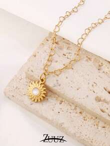 1pc Bohemian Style Stainless Steel Natural Stone Sun Charm Necklace For Women Heart Chain Necklace Collar Chain Jewelry Gifts - Yellow Gold - View 7