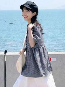 撞色格纹领荷叶边下摆休闲女式短袖衬衫，春夏款 - 藏蓝色 - 查看 6