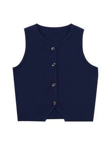 Women's Irregular Metal Button Front Cropped Knit Vest, Slim Fit Sleeveless Crew Neck Textured Rib-Knit Crop Tank Top - Spring Summer Chic Elegant Feminine Casual Wear & Office Lady Workwear (Blue) - 藍色 - 查看 8