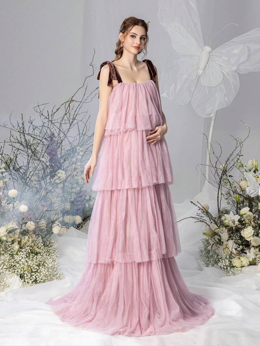 Faeriesty Đầm bầu không tay thanh lịch – Lưới xuyên thấu, chân váy xếp lớp, hoàn hảo cho tiệc mừng em bé, tiệc sân vườn và bữa tối lãng mạn