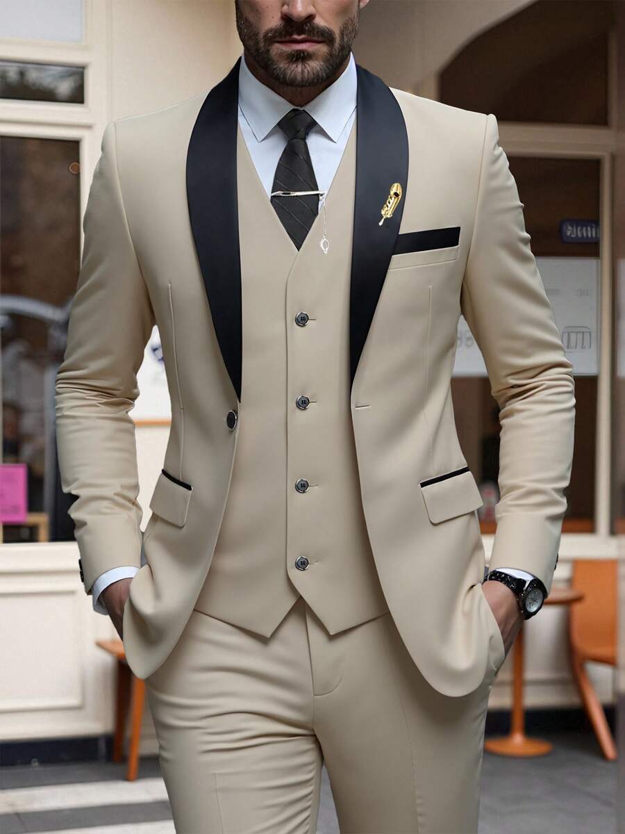 Mens 3 Piece Suit Slim Fit One Button Dress Tuxedo Men Suits Set Solid Color Wedding Classic Tuxedo Shawl Lapel Blazer Men Suits Set - Champagne - View 1