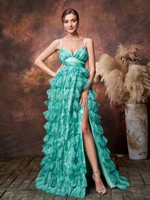 Faeriesty Elegante vestido de fiesta largo con tirantes finos para embarazadas, con detalles fruncidos en el pecho para una dimensión femenina, bajo con volantes y abertura, con múltiples capas de volantes, ideal para bodas de primavera, celebraciones del Día de la Madre y eventos de baby shower - Verde - Ver 4