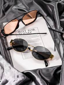 2 Pairs Fashion Half-Frame Square Glasses & Oval Glasses, Versatile Retro Personalized Accessories For Street Photography, Summer Vacation, Beach - 2pcs (茶色+黑色) - 查看 3