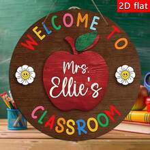 1pc Wooden Classroom Door Hanging Decor Plaque, Apple & Daisy Design, Wooden Welcome Door Decoration, Round Wooden Classroom Door Hanging Ornament, Teacher Decor, Nursery Room Door Sign - Red - View 6