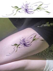 1pc Watercolor Purple Flower Collarbone Temporary Tattoo. Gradient Purple-Green Tie Dye Floral Design With Delicate Lines, Exuding A Soft, Ethereal Vibe. Suitable For Collarbone, Shoulder, Neck Areas. Boho-Chic And Gentle Aesthetic, Niche Accessory. Low-Irritation, Waterproof, Sweat-Resistant, Lasts 3-5 Days, Easy To Apply And Remove, Adds A Distinctive Touch To Vacation, Date, And Everyday Outfits. - Purple - View 1