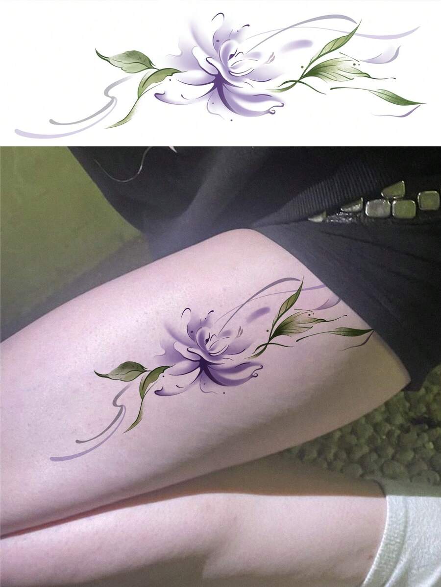 1pc Watercolor Purple Flower Collarbone Temporary Tattoo. Gradient Purple-Green Tie Dye Floral Design With Delicate Lines, Exuding A Soft, Ethereal Vibe. Suitable For Collarbone, Shoulder, Neck Areas. Boho-Chic And Gentle Aesthetic, Niche Accessory. Low-Irritation, Waterproof, Sweat-Resistant, Lasts 3-5 Days, Easy To Apply And Remove, Adds A Distinctive Touch To Vacation, Date, And Everyday Outfits. - Purple - View 1