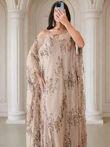Elegant Batwing Sleeve Women's Robe, Made Of Pleated Chiffon Fabric With Contrasting Sequin Details - Mocha Brown - View 4