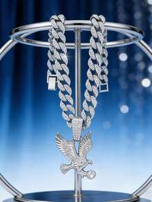 1件镶满水钻的动物吊坠项链，欧美风格男士链项链，个性化嘻哈配饰，百搭 - 銀色 - 查看 5