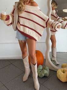 Colorblock Striped Loose Casual Pullover Sweater, Versatile And Comfortable - Red and White - View 1