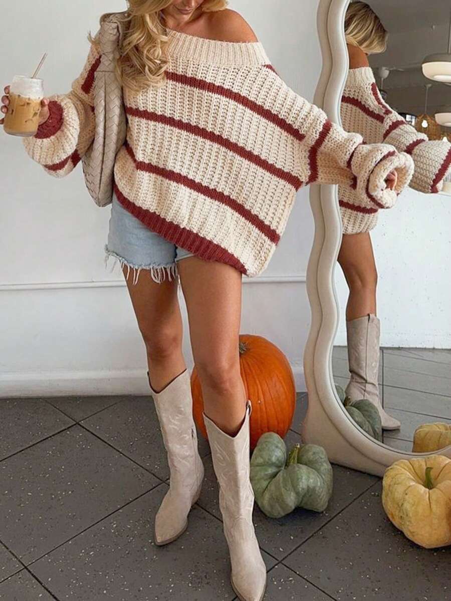 Colorblock Striped Loose Casual Pullover Sweater, Versatile And Comfortable - Red and White - View 1