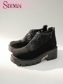 SDEMIN Early Autumn And Winter Daily Wear, Date Travel, Ladies' Temperament, Floral Print Lace Ankle Boots, Back Zipper Square High Heels, Round Toe Boots, And Fashionable Pointed Black Mesh Breathable High Heels - màu đen - Xem 8