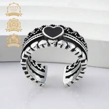 1入組S925純銀黑色心形復古朋克嘻哈中空女士戒指，可調整 - 銀色 - 查看 8