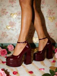 Mary Jane High Heeled Sandals Platform Chunky Heels For Women Closed Square Toe Buckled Ankle Strap ​Sandals Fashion Dress Party Pumps Valentine's Day Outfits - Màu Đỏ Sâu - Xem 7