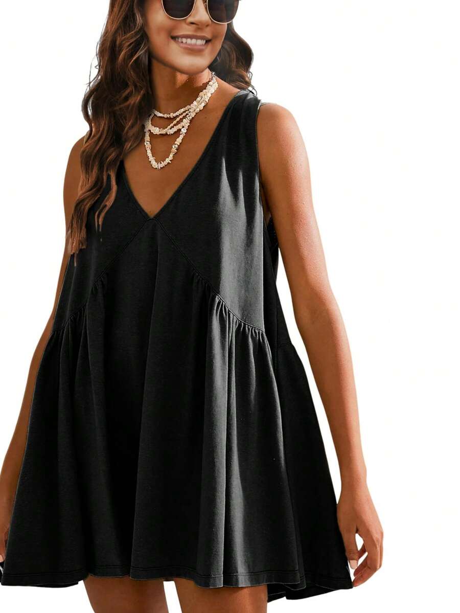 Women Sleeveless Mini Dress Summer Casual Loose V Neck Sundress With Pockets - 黑色 - 查看 1