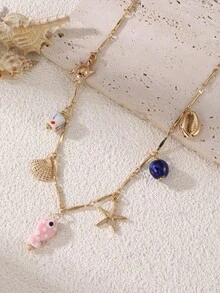 1pc Fashionable Bohemian Beach Holiday Fish, Starfish & Shell Pendant Necklace, Suitable For Daily, Holiday, Party Wear - Multicolor - View 8