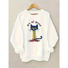 Plus Size, Women's Plus Size Loose Fit Crewneck Sweatshirt - Cute Pet1e The Cat Graphic & 'It's All Good' Text - Soft Everyday Lounge Wear, Holiday Outfits - Machine Washable Plus Size Tops For Women, Casual Wear, Playful Design, Comfortable Fabric, Vacation Clothing, Tr3ndy Print, Durable Construction, Long Sleeve Shirt, Relaxed Fit Clothing - 黑色4 - 查看 2