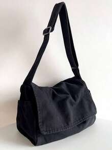 Vintage Minimalist Versatile Flap Shoulder Bag, Thick Washed Canvas Bag, Casual Versatile Large Capacity American Messenger Bag, College Style Japanese University Student Schoolbag, Short Trip Travel Bag, Simple Street Cloth Bag, Black Crossbody Bag , Old Money - 黑色 - 查看 10