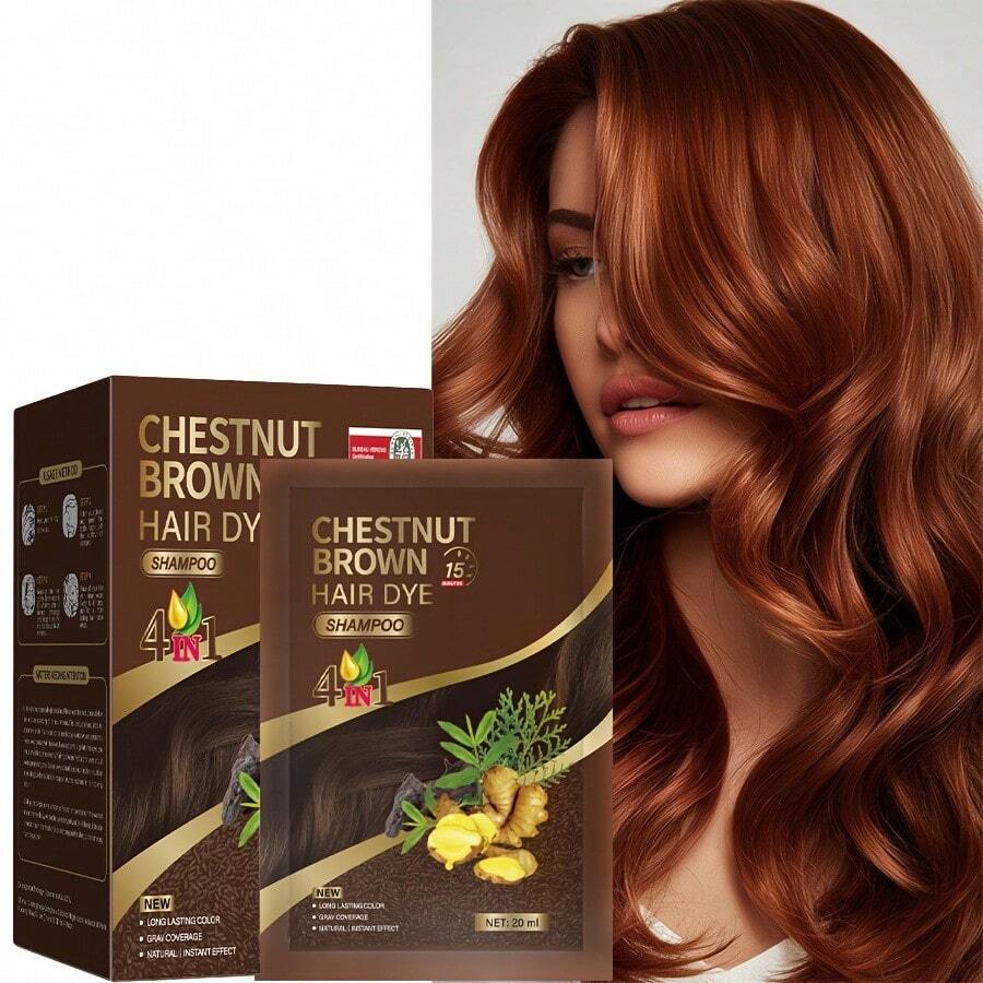 One Box Contains 10 Individually Packaged Sachets. Available In Black, Dark Brown, Chestnut, And Brown. This Is A 3-In-1 Hair Dye Shampoo And Deep Cleansing Shampoo, Suitable For Both Men And Women. - CHESTNUT BROWN - 查看 1