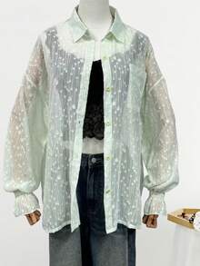 1pc Women's Lightweight Sheer Green Long Sleeve Cardigan Shirt Jacket, Suitable For Beach, Vacation, Daily, Date, Holiday Occasions, Summer Shirt, Beautiful Women's Vacation Style Top, Women's Vacation Wear. Elegant Women's Office Attire, Women's Holiday Outfit, Women's Date Night Outfit, Women's Elegant Top, Summer Casual Women's Wear, Women's Beach Outfit, Women's Vacation Outfit - Green - View 7