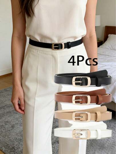 4 st. kvinnors fyrkantiga metallspänne klassiskt PU-läder enfärgat retro dekorativt enkelt casual denimkjol klänning shorts byxor mångsidigt tunt midjebälte