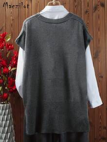 Plus Size Women Plus Size Pullover Sweater, Casual Comfortable V-Neck Sleeveless Knit Top - Grey - View 2