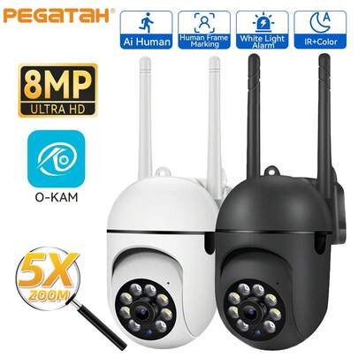 800万像素户外WiFi云台摄像机，支持人形追踪、双向语音、蓝牙连接、全彩夜视、自动追踪、防水防尘监控摄像头