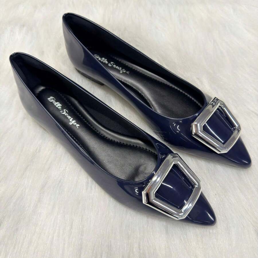 Women's Casual Comfortable Patent Leather Flat Shoe With Premium Detail And Pointed Toe. - Sơn mài màu xanh hải quân - Xem 1