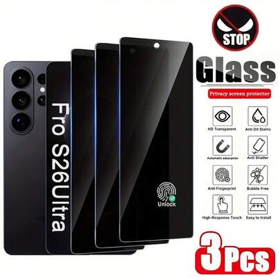 3Pcs Privacy Tempered Glass Screen Protector For Galaxy S26 Ultra S26 Series Supports 0.01S Fingerprint Unlock