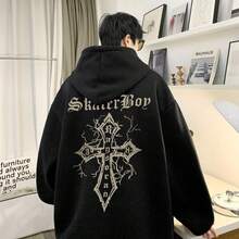 Gothic Japanese Style Hooded Sweatshirt With Cross Print - Fashionable Pullover For Men And Women - On - màu đen - Xem 3
