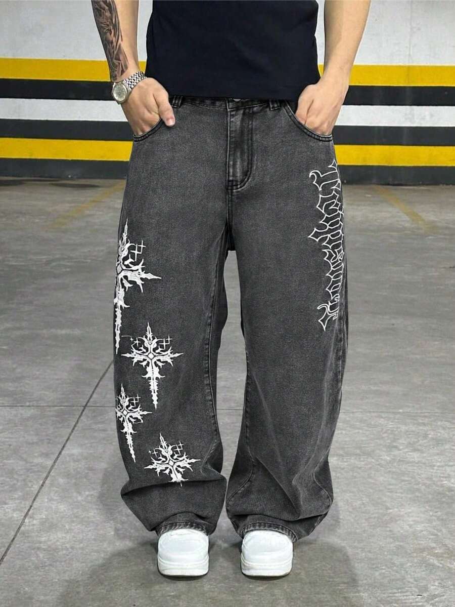 Grunge Goth Y2K 风格男士休闲宽松阔腿直筒百搭刺绣图案牛仔裤，时尚个性化街头服饰，适合工作、通勤、舞台表演、与朋友聚会、户外穿着