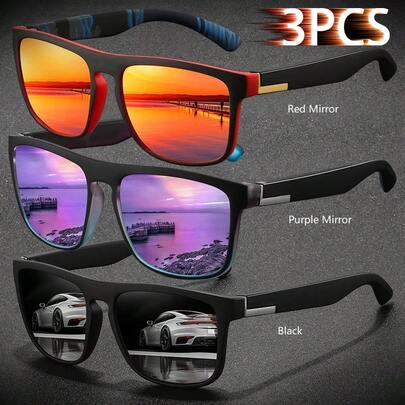 WSZ 3 Pairs Unisex Classic Sports Fashion Glasses, Retro Square Driving Fishing Glasses, Luxury Brand Designer Lenses, Ice Blue, Black And Patterned Frames (Note: Glasses Case Not Included)