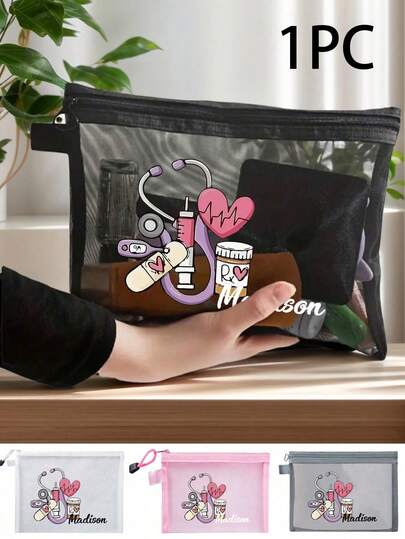 Portable Women'S Mesh Bag, Makeup Bag Printed With Stethoscope, Heart, And Medicine Bottle Patterns, Outdoor Travel Offices Carry Small-Capacity First-Aid Kits Mesh Bag, Portable Medicine , First-Aid Kits And Pill Packaging Containers, Portable Black Storage Bag, Student Pencil Case